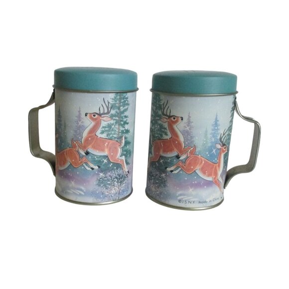 Vintage Deer Salt & Pepper Shakers - Metal Tin Set - Winter Decor Serveware - Picture 1 of 6